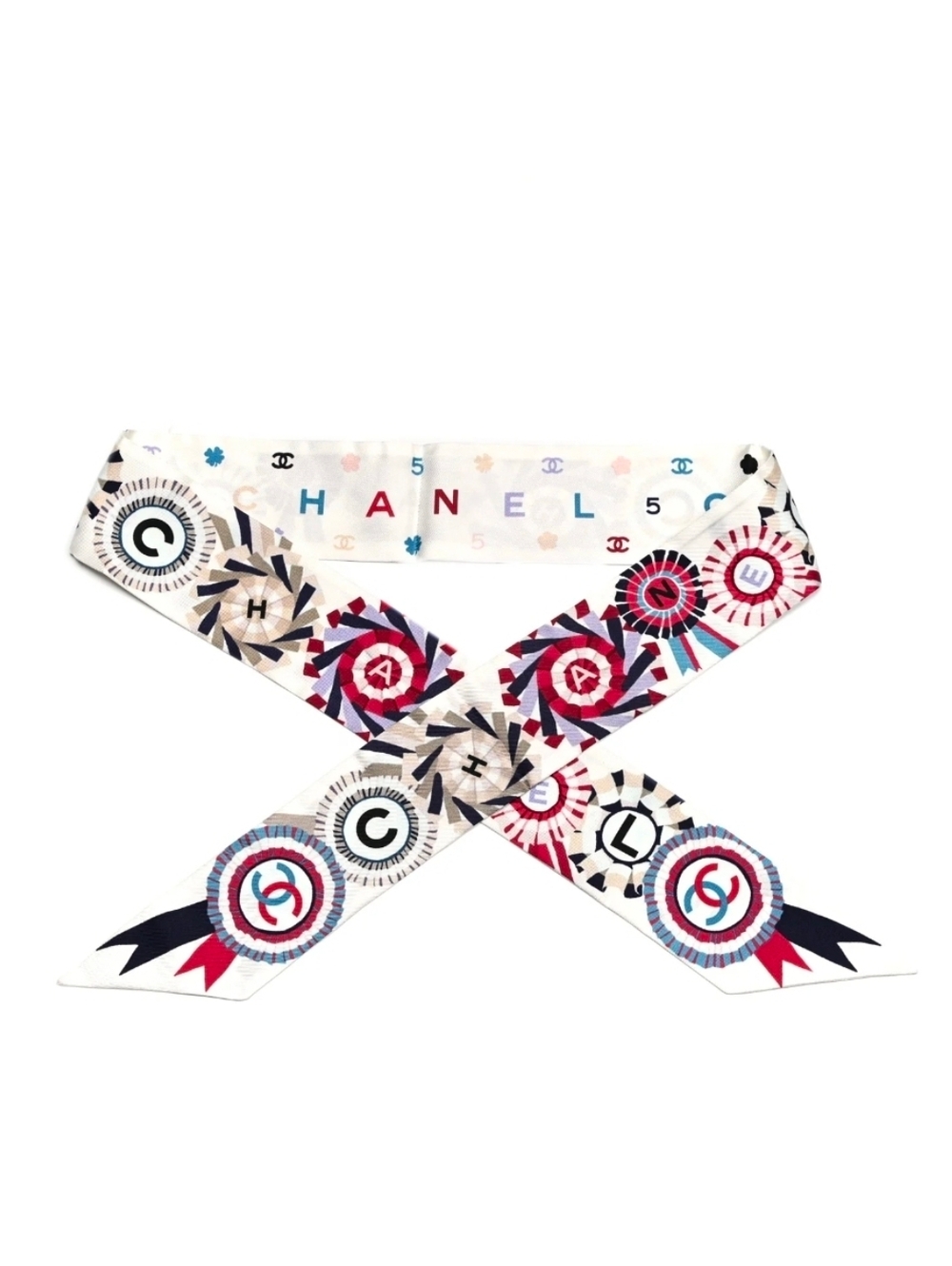 🔥 Chanel Silk CC Slim Bandeau Scarf White Multicolor 🔥